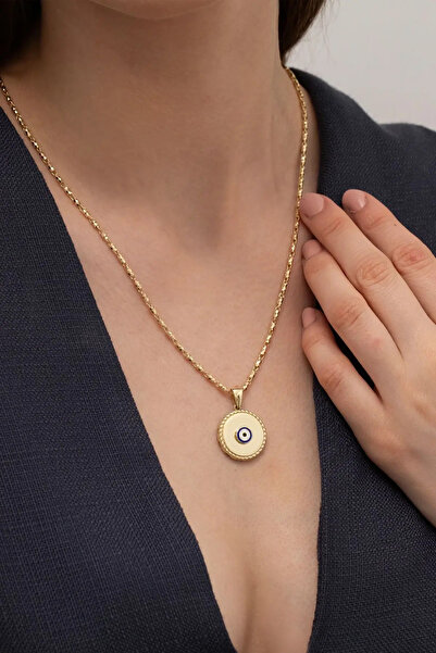 NİSERAJEWELLERY Nazar Boncuklu Mineli Yuvarlak Altın Kolye Ucu