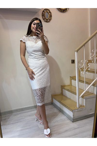 ROSSA Lace Stone Detailed Evening Dress