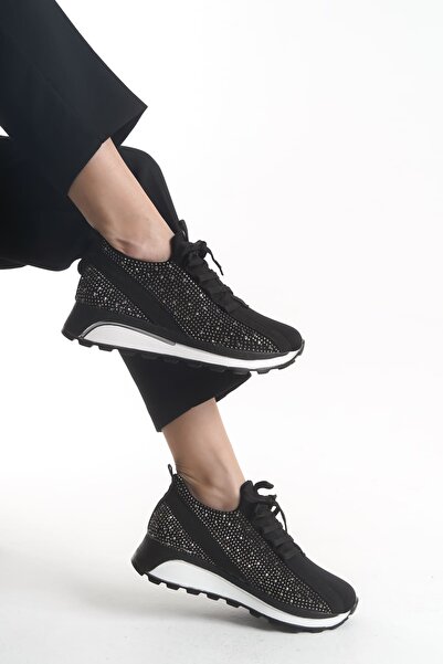 Joy Ayakkabı ALYA Bağcıklı Ortopedik Taban Taşlı Kadın Sneaker Spor Ayakkabı CBT - Siyah