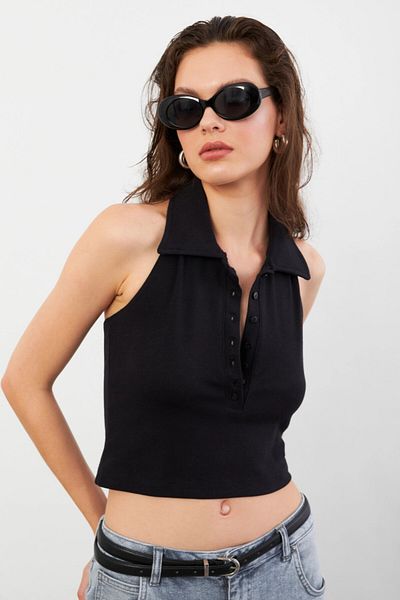 Cool & Sexy Women's Black Backless Buttoned Blouse Lpp1246-90
