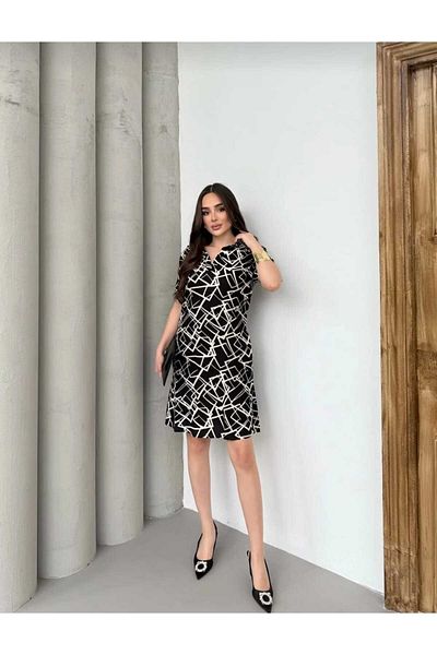 ŞIK VE MUTLU Shirt Collar Pocket Geometry Pattern Women's Dress