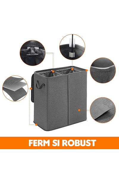 Elindor Double Laundry Hamper, 136L, Foldable with 2 Compartments, Removable Bags, 60x35x65 cm