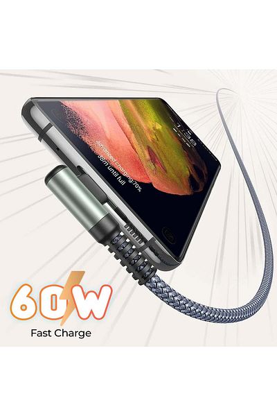 Timebox Cablu de date și încărcare rapidă, 60W, 1m, USB-C la Tip-C, unghi de 90°, nailon, negru