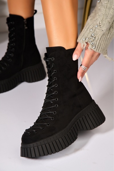 Joana Γυναικείες μαύρες μπότες με επένδυση γούνας από οικολογικό σουέτ Evalise2