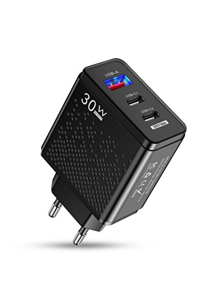 Timebox Încărcător de rețea, 3 porturi, încărcare rapidă 30W, 2 x Tip-C, 1 x USB, Negru