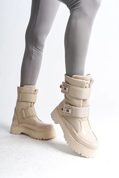 Joy Ayakkabı Elisa Velcro Parachute Fabric Patent Leather Women's Boots Rkt - Cream