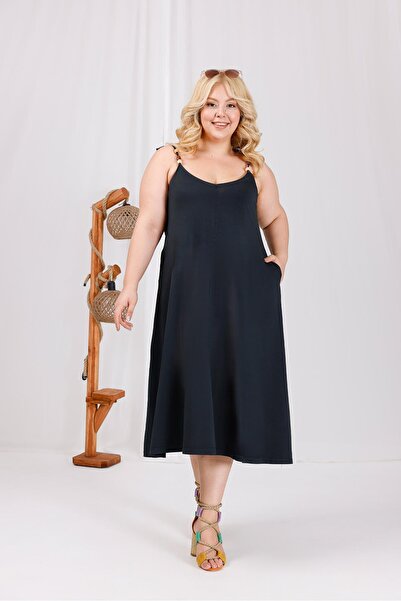 Siyezen Plus Size Wooden Bead Detailed Washed Fabric Dress