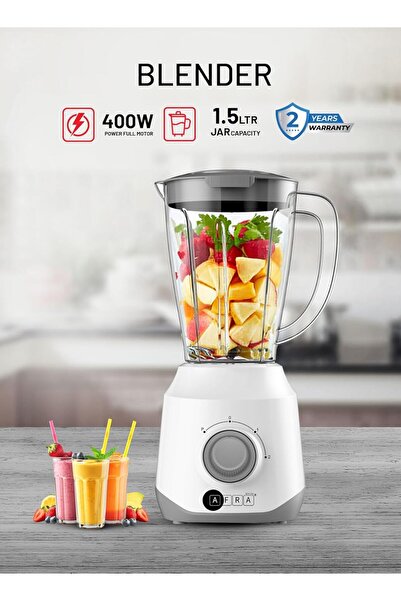 Afra Blender 1.5L, 400W, Plastic Jar 2-Speed Control Stainless Steel Blades, White, AF-1550BLWT, 2-Y