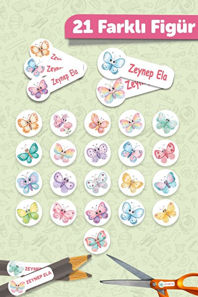 MSticker Okul Etiketi Kalem Defter isimli Etiket Isim Yazılabilen Kelebekli - 190 Adet Özel Tasarım