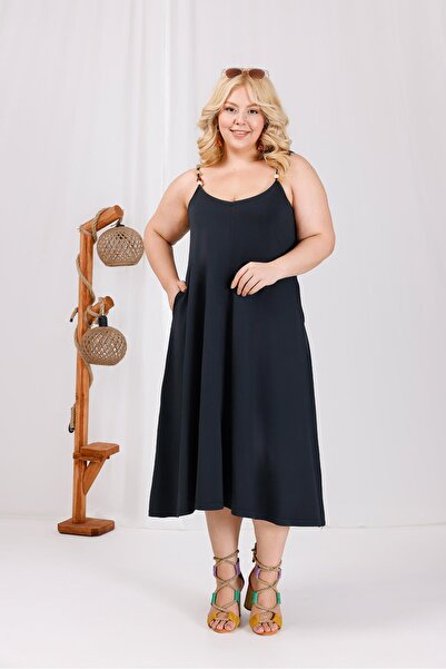 Siyezen Plus Size Wooden Bead Detailed Washed Fabric Dress