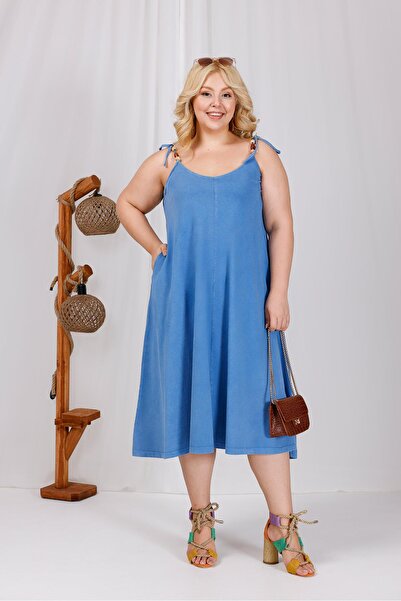 Siyezen Plus Size Wooden Bead Detailed Washed Fabric Dress