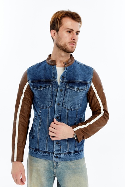 CHOS7N Ανδρικό τυπικό τζιν μπουφάν με μανίκια Δερμάτινο Niche Συμπαγές Σχεδιασμό Παλτό Casual Prevailing Collar Βολικό