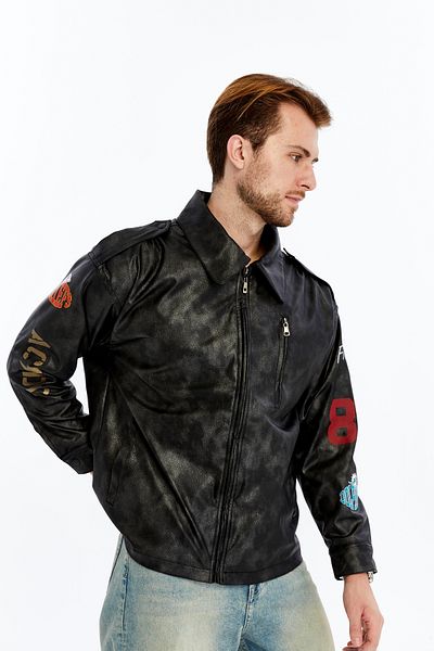 CHOS7N Men's Oversize Leather Coat Casual Printed Jacket Niche Compact Design