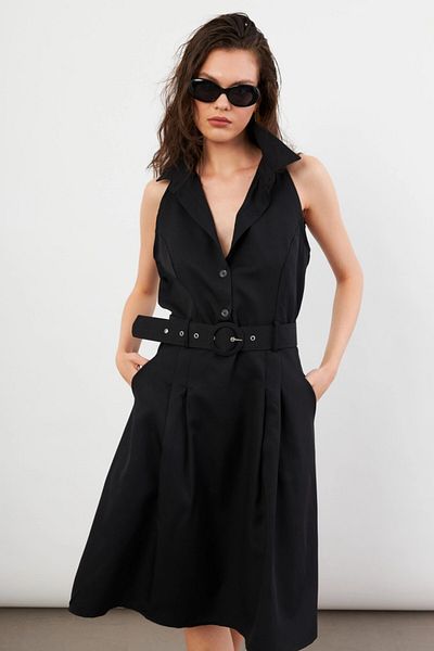 Cool & Sexy Women's Black Belted Pocket Midi Dress Nh101