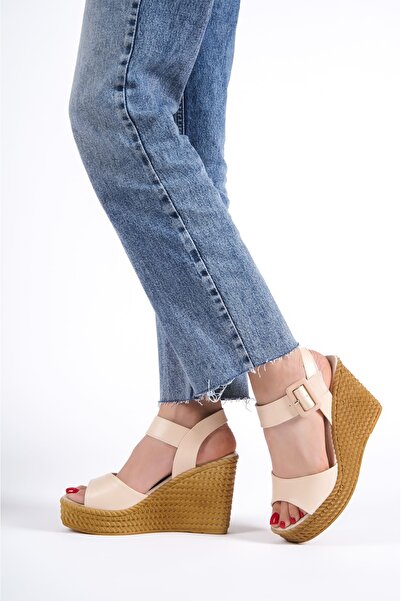 Joy Ayakkabı Perla Buckle Elastic Wedge Heeled Orthopedic Sole Straw Look Women's Sandals Ckt - Ten