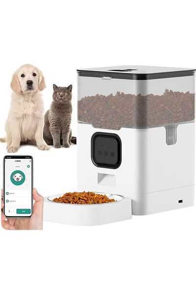 Smart Vibe Huggo® Net - WiFi Automatic Feeder Transparent Vision 4L, Customizable Audio, Mains/Batteries, White