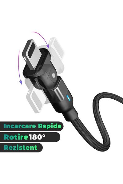 Timebox Cablu de date și încărcare rapidă, 60W, rotație 180 de grade, QC 3.0, USB, Lightning, 2m, indicator LED,