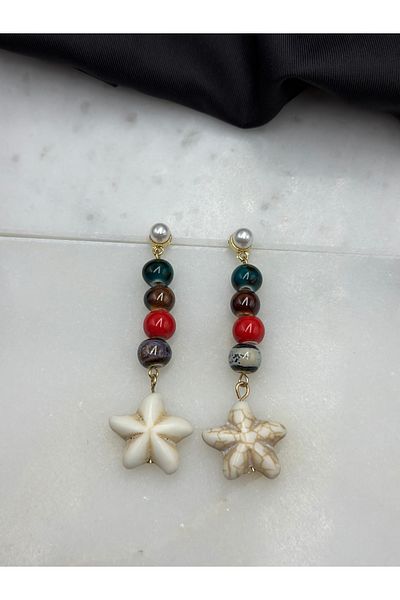 Unzilee Concept Brand Model Hanging Design Earrings with Colored Stone Starfish Figure