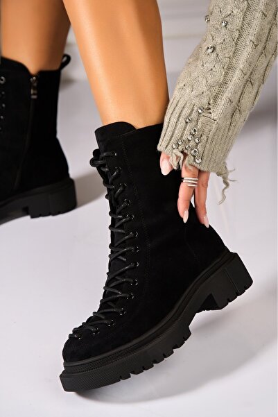 Joana Γυναικείες μαύρες μπότες με επένδυση γούνας από οικολογικό σουέτ δέρμα Roizy2