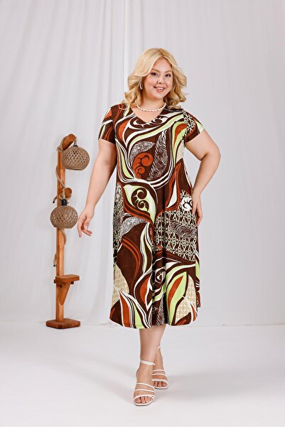 Siyezen Plus Size V-Neck Cotton Lycra Patterned Dress