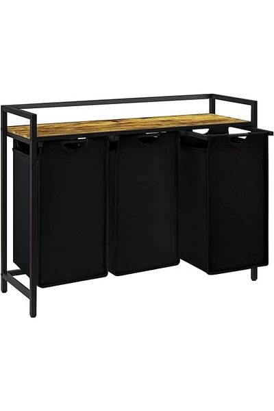 Elindor Coș de rufe triplu cu sertar, 120L, raft superior, saci detașabili, 95 x 35 x 72 cm, negru