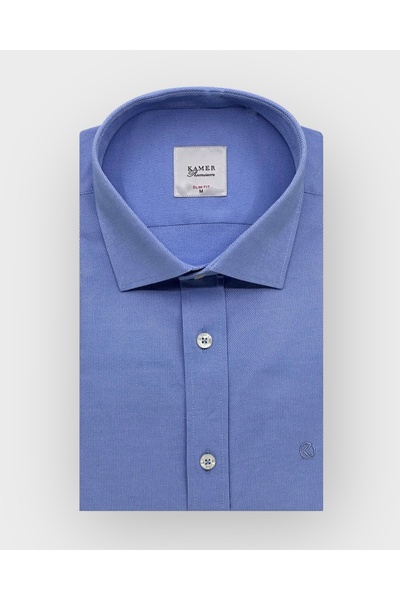 KAMER قميص رجالي ذو قصة ضيقة وأكمام طويلة وياقة كلاسيكية بدون جيوب من الليكرا وأكمام طويلة باللون الأزرق 2349M