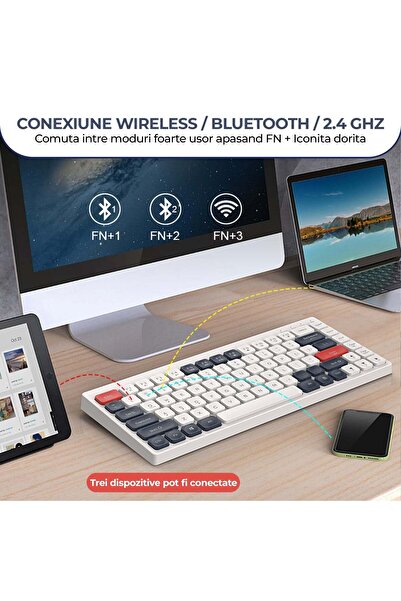 Timebox Slim Low-Profile Keyboard, Wireless, 2.4Ghz, Bluetooth, 84 thin keys, Type-C cable, USB Receiver, W