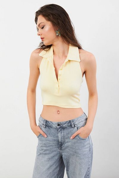 Cool & Sexy Women's Yellow Backless Buttoned Blouse Lpp1246-90