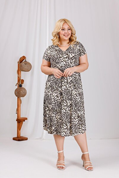 Siyezen Plus Size V-Neck Cotton Lycra Patterned Dress