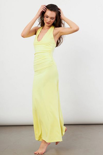 Cool & Sexy Women's Yellow Backless Neck Tie Maxi Dress Dcf061