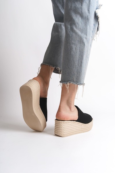 Joy Ayakkabı Marla platform heel orthopedic sole wicker-looking knitted women's slippers tkt - black
