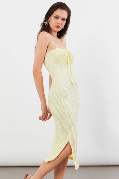 Cool & Sexy Women's Yellow Tie Front Rustic Midi Dress Fro2001