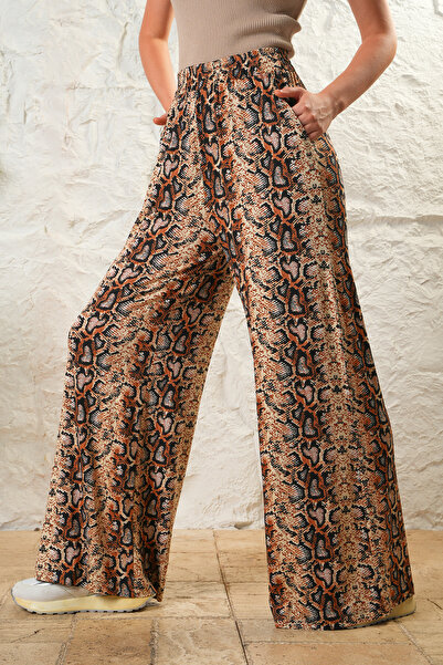 Avones Kadın Kobra Desen Bol Paça Cepli Yüksek Bel Pantolon