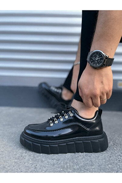Joy Ayakkabı Jy010 Cloud Lace-Up Patent Leather Men's Casual Sneaker Shoes Rst - Black