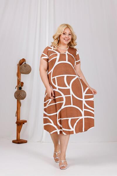 Siyezen Plus Size V-Neck Cotton Lycra Patterned Dress