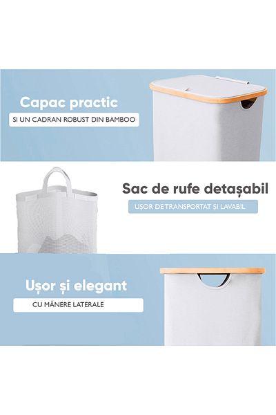 Elindor Foldable Bamboo Laundry Basket, with Lid and Removable Bag, 100 L, 74 x 41 x 33 cm, Light Grey