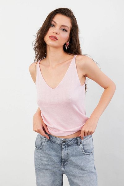 Cool & Sexy Women's Pink V-Neck Knitwear Blouse Kz546