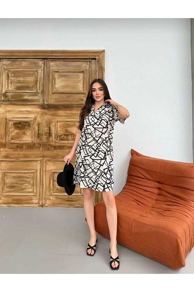 ŞIK VE MUTLU Shirt Collar Pocket Geometry Pattern Women's Dress