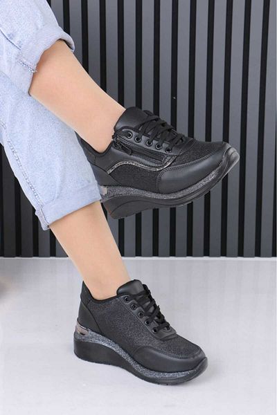 OBAY LİFE Women's Plain Black Skin Zipper 7 cm Hidden Heel Orthopedic Sports Shoes Nbr4106