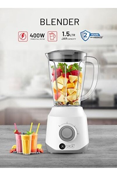 Afra Blender 1.5L, 400W, Plastic Jar 2-Speed Control Stainless Steel Blades, White, AF-1550BLWT, 2-Y