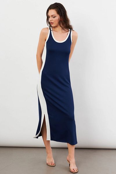 Cool & Sexy Women's Navy Blue Color Block Slit Midi Dress Ug105