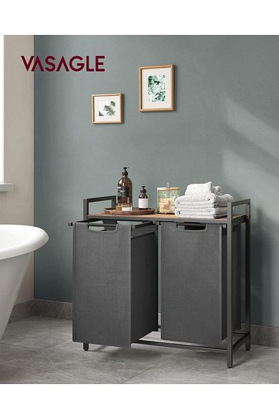 VASAGLE Cos de rufe, 2 compartimente, saci de rufe detasabili, 2x46L, 73x33x72 cm, maro