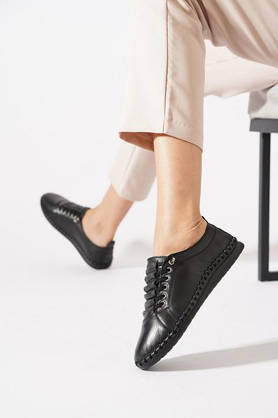 Moda Pie Nitroz Rubber Pleated Genuine Leather Women's Shoes Black Skin