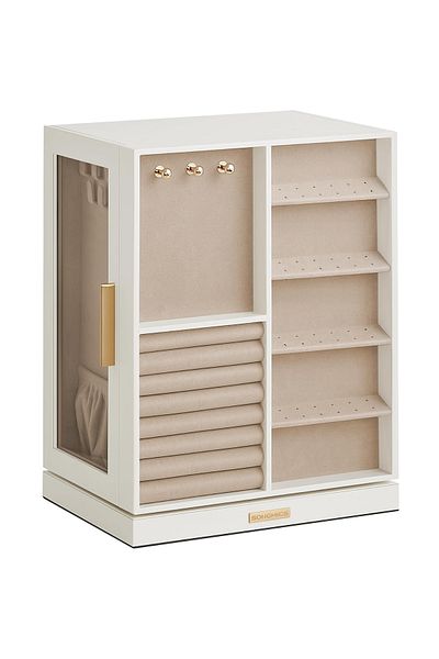 SONGMICS 360° Rotating Jewelry Box, with 5 Drawers and Windows, MDF and Velvet, 22x16x29 cm, White