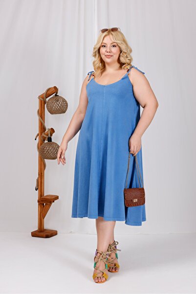 Siyezen Plus Size Wooden Bead Detailed Washed Fabric Dress