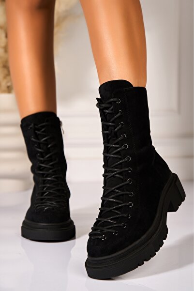 Joana Γυναικείες μαύρες μπότες με επένδυση γούνας από οικολογικό σουέτ δέρμα Roizy2