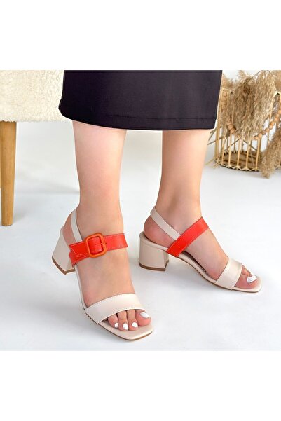 Zerenyus Year Beige Orange Single Strap Heeled Shoes