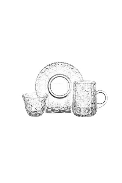Dania 18-piece clear glass tea set consisting of 6 tea cups + 6 tea saucers + 6 Saudi coffee cups