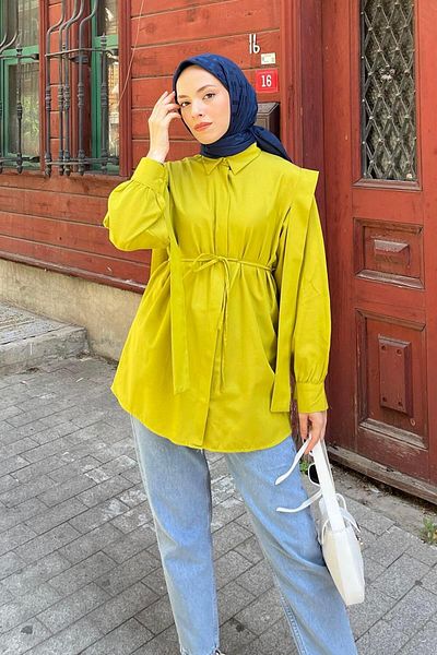 lamelif Πουκάμισο με επένδυση ώμου με δεμένη μέση Fat Green