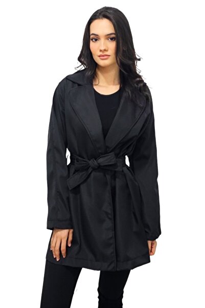 FashionForYou Marlene women's slim trench coat, with drawstring closure, Black